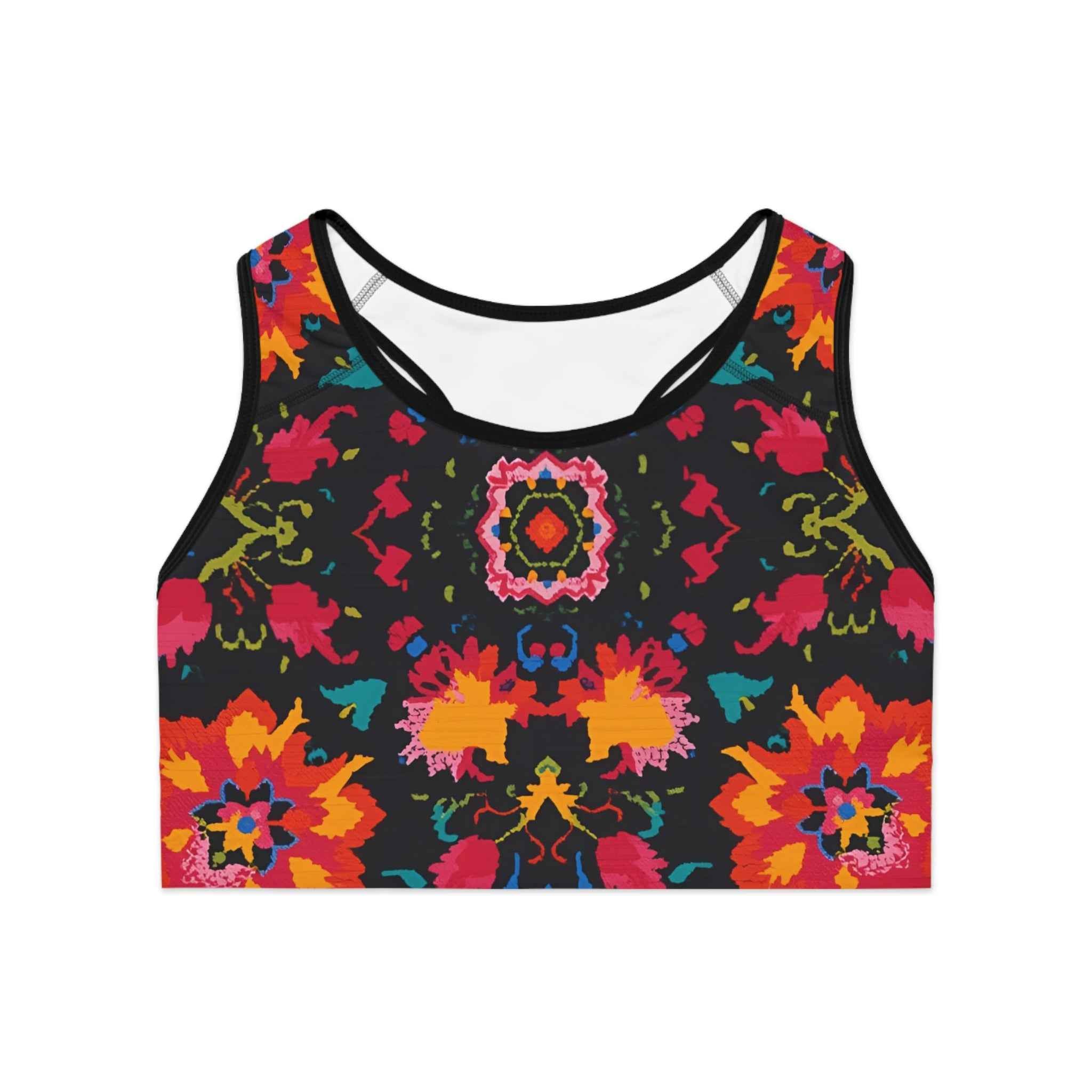 Bold Kaleidoscope Active Crop Sports Bra Floral Ikat Print